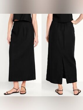 Old Navy Black Linen Column Maxi Skirt High Rise XL TALL Boho Resort Minimalist